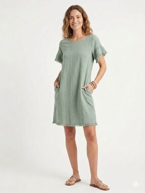 Umgee Mint Green Short Sleeve Shift Top with Fringe Trim